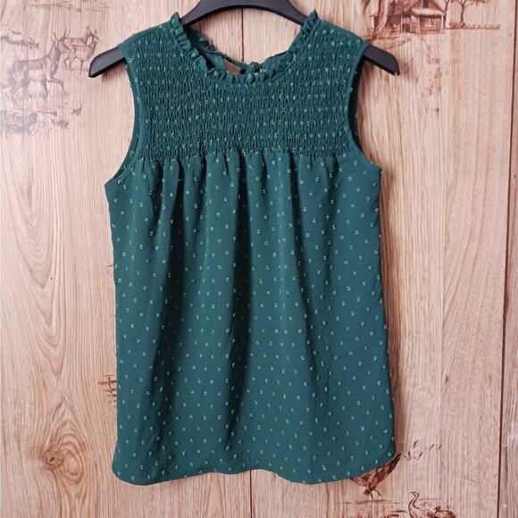 Green Shirred Yoke Swiss Dot Smock Blouse Size Small - Picture 1 of 6